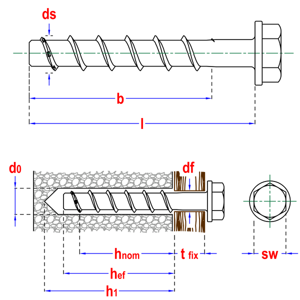 śruba do betonu pgb s-bsz 12x45x110 rysunek techniczny