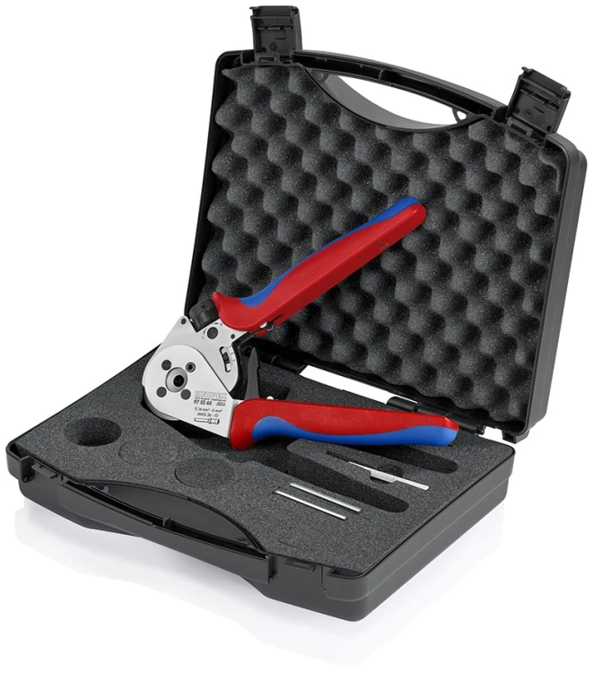 Praska Knipex 97 52 65 do styków PIN w otwartej walizce transportowej z akcesoriami – zdjęcie poglądowe serii
