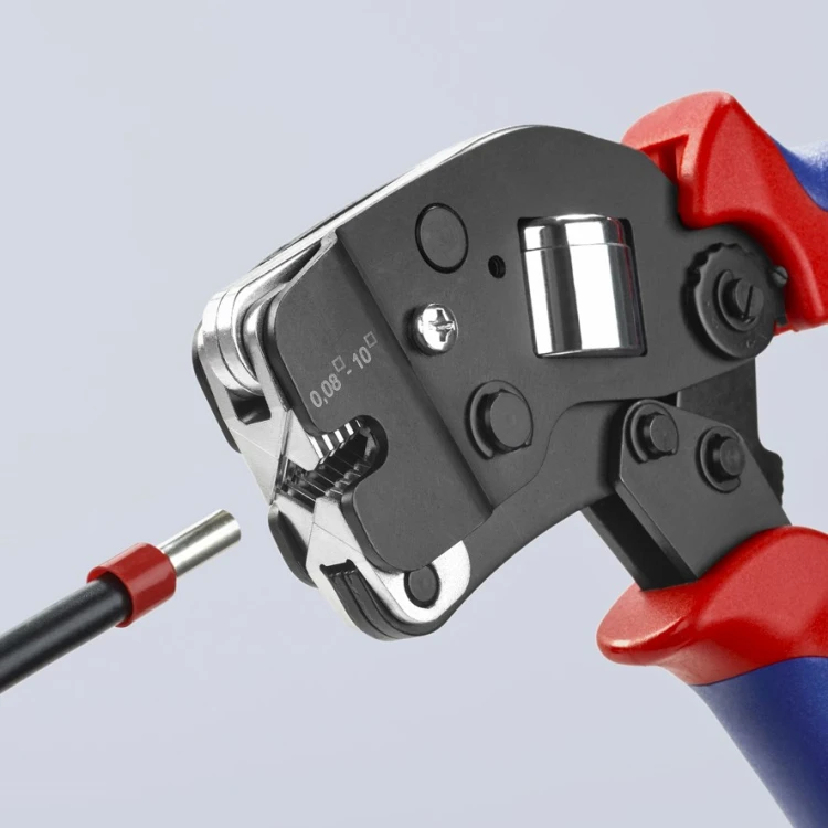 Praska Knipex serii 97 53 z czołowym gniazdem zagniatającym i tulejką z czerwonym kołnierzem izolacyjnym