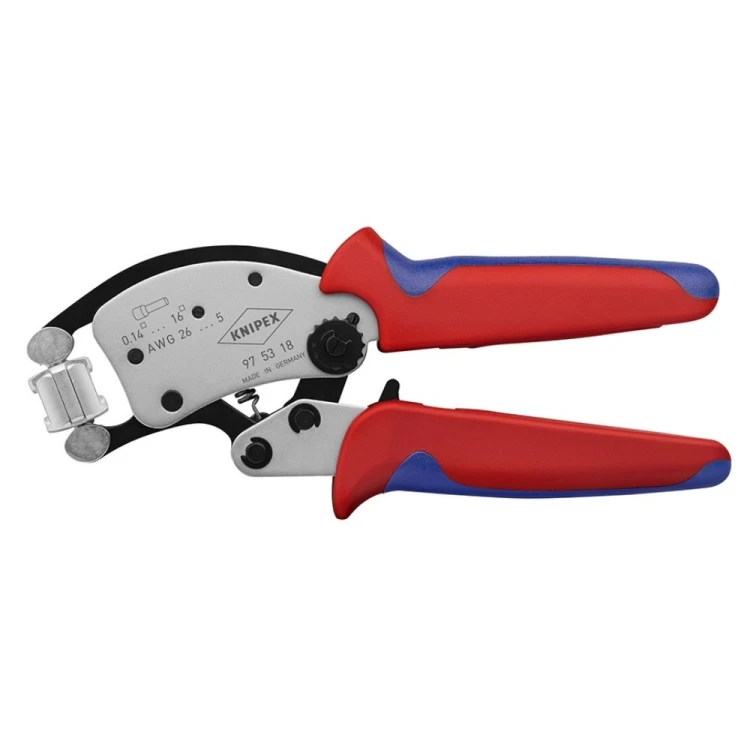 Szczypce zagniatające Knipex Twistor 16 97 53 18 z obrotową głowicą 360° do tulejek kablowych 0,14–16 mm² – widok boczny