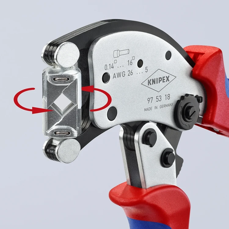 Mechanizm obrotowej głowicy 360° szczypiec Knipex Twistor 16 97 53 18 – schemat kierunku obracania matrycy