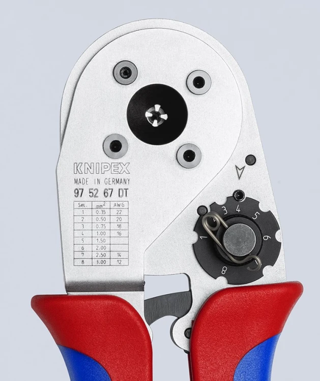 Szczypce Knipex 97 52 67 DT – czterotrzpieniowa głowica zaciskowa i ośmiostopniowy regulator ustawień