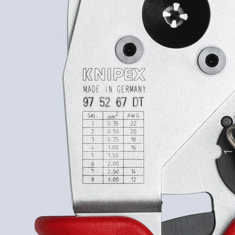 Szczypce zagniatające Knipex 97 52 67 DT – tabela doboru ustawień zacisku dla przewodów 0,35–3,0 mm²