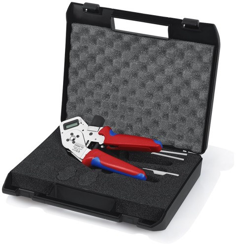 Praska cyfrowa Knipex 97 52 63 DG A w otwartej walizce transportowej z wkładem ochronnym