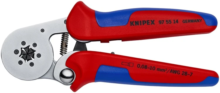 Szczypce Knipex 97 55 14 do zagniatania tulejek kablowych z widoczną sześciokątną matrycą zaciskową