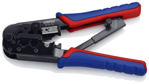 Praska telekomunikacyjna Knipex 97 51 10 z rozłożonymi rękojeściami i mechanizmem zapadkowym