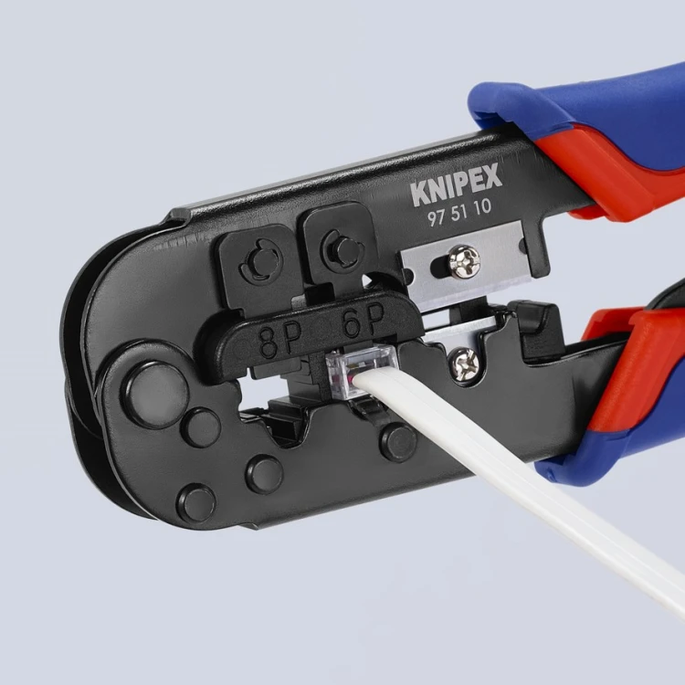 Praska Knipex 97 51 10 zagniatanie wtyku telefonicznego RJ na białym przewodzie