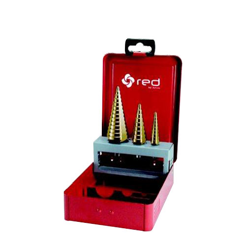 Zestaw trzech wierteł stopniowych BMM HSS TiN 4x12 4x20 4x30 mm w metalowym pudełku